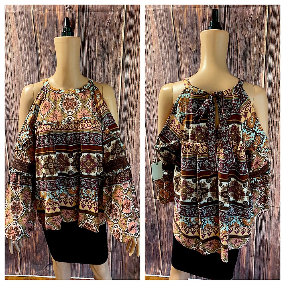 Miss Me Size small NWT tan brown green purple pink boho flowy peasant blouse